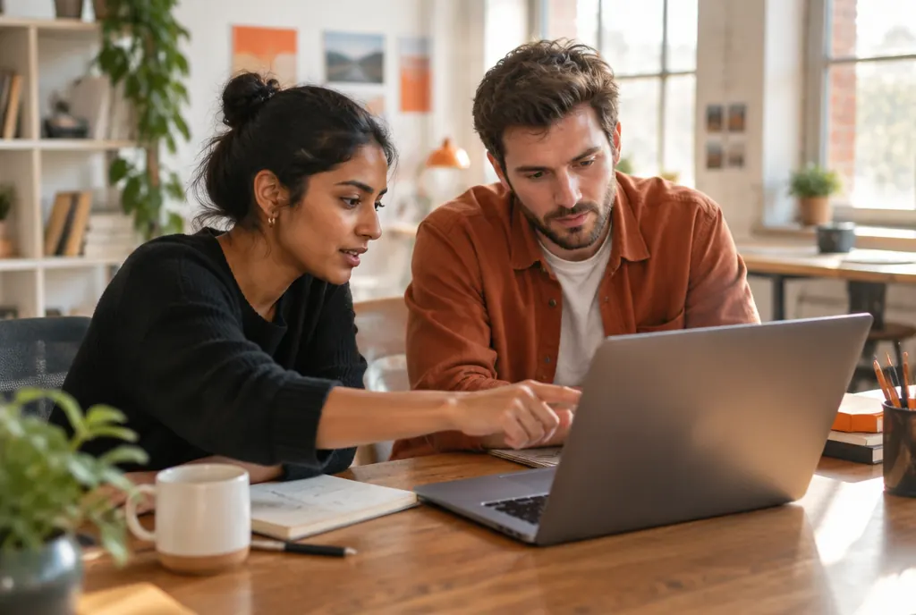 Two colleagues working through a problem together at one laptop