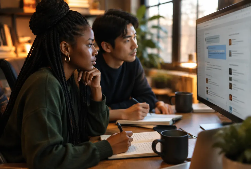 Two strategists reviewing AI answers and citations