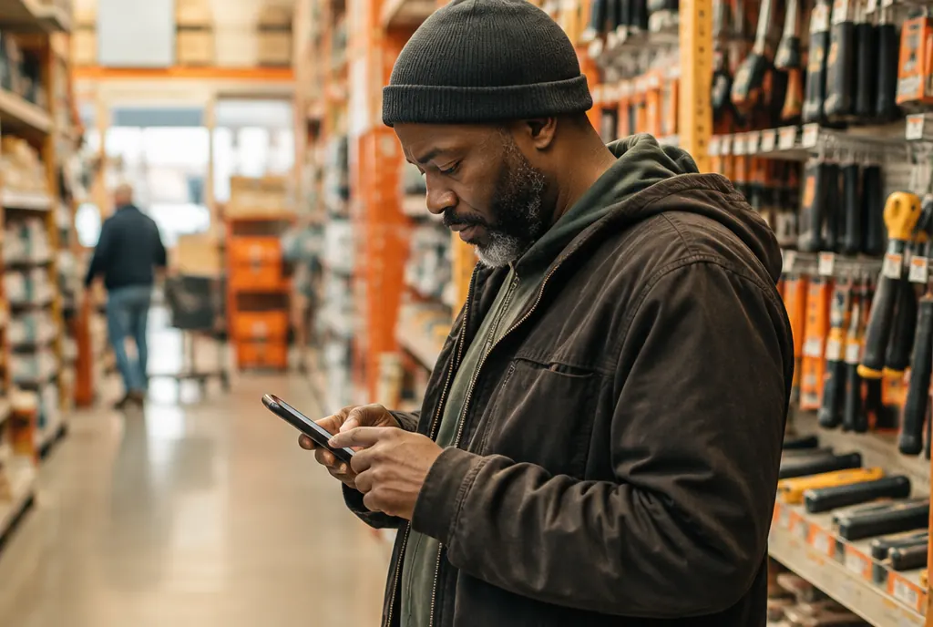 A shopper reading a search answer on his phone in a store