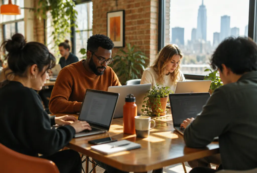 A small team collaborating in a sunny coworking space