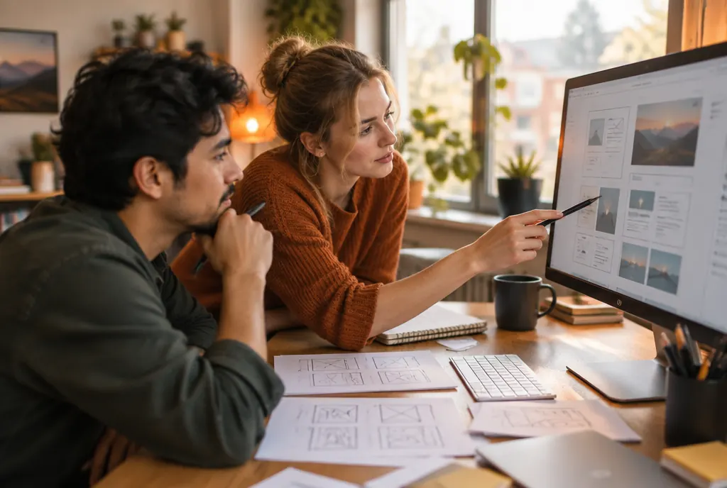 Two designers reviewing website layouts