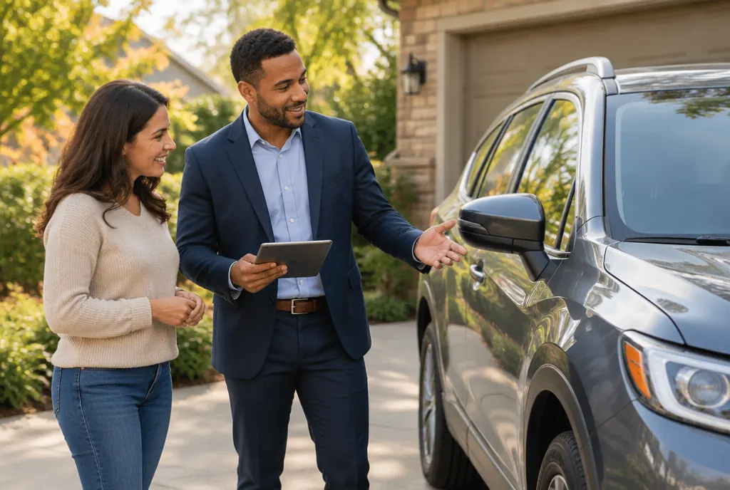 An auto insurance agent talking with a car owner in a driveway