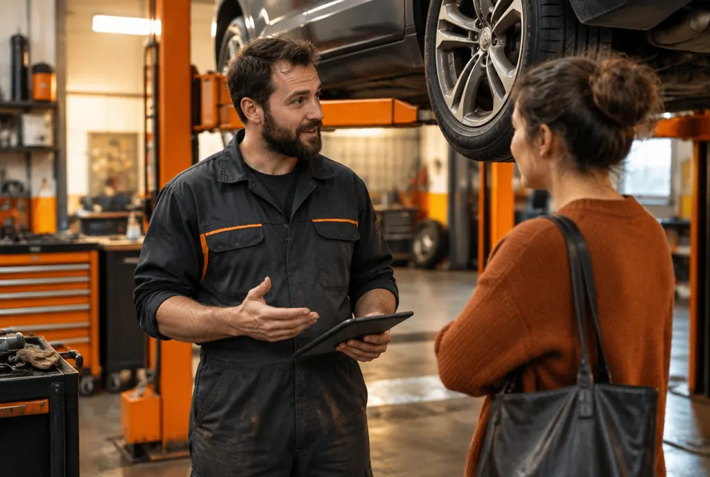 A mechanic talking with a customer beside a car on a lift