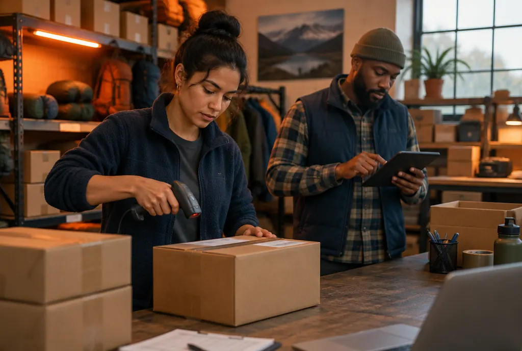 An operations manager scanning an order while a teammate checks inventory on a tablet