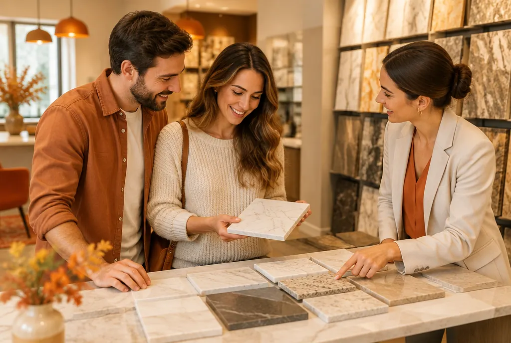 A couple choosing countertop samples with a designer