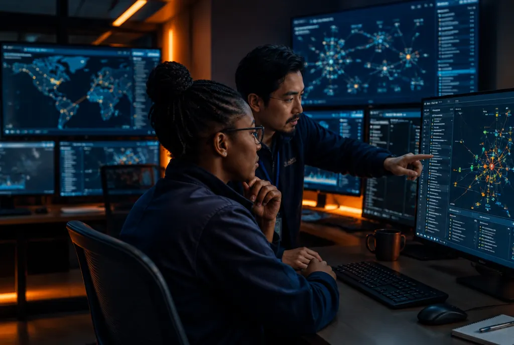 Two security engineers reviewing network activity in a security operations room