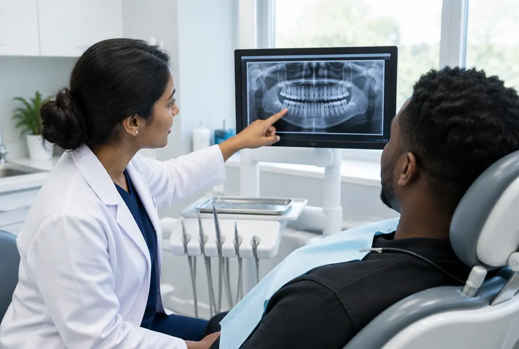 A dentist explaining an x-ray to a patient