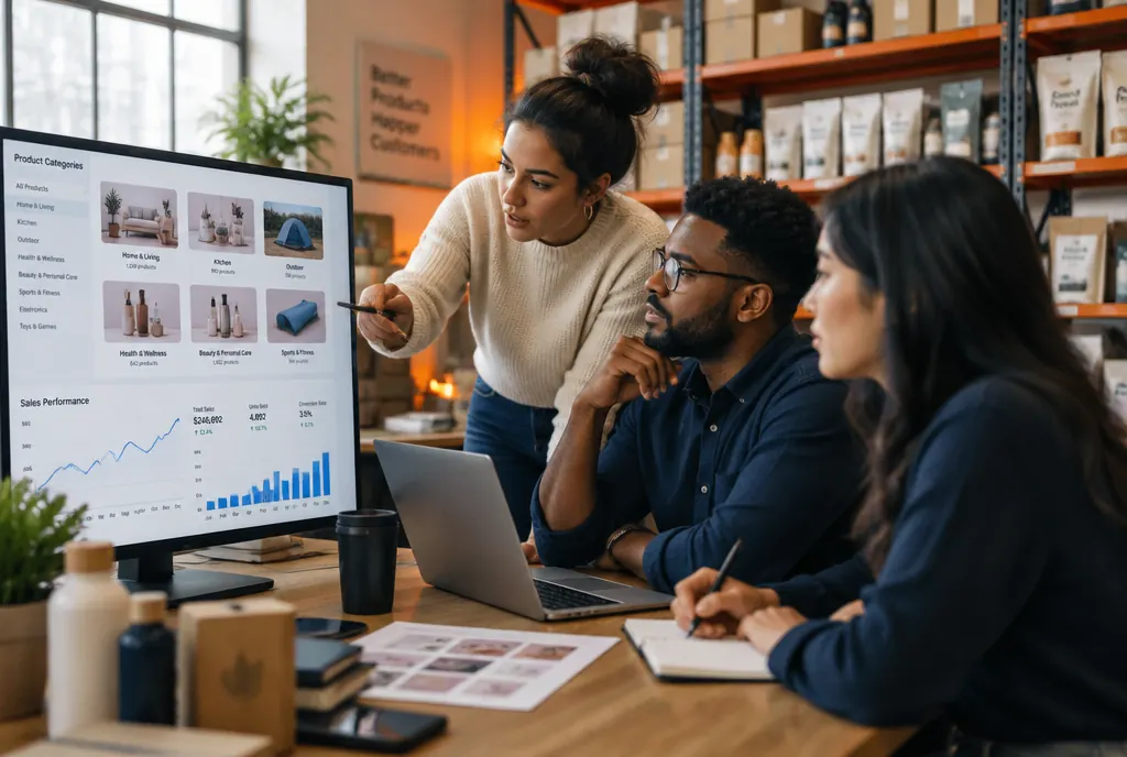 An e-commerce team reviewing category pages and sales charts in their warehouse office
