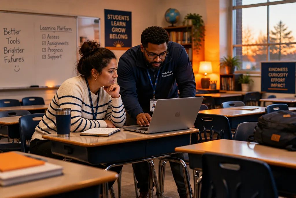 A teacher and a technology coordinator testing a learning platform after class