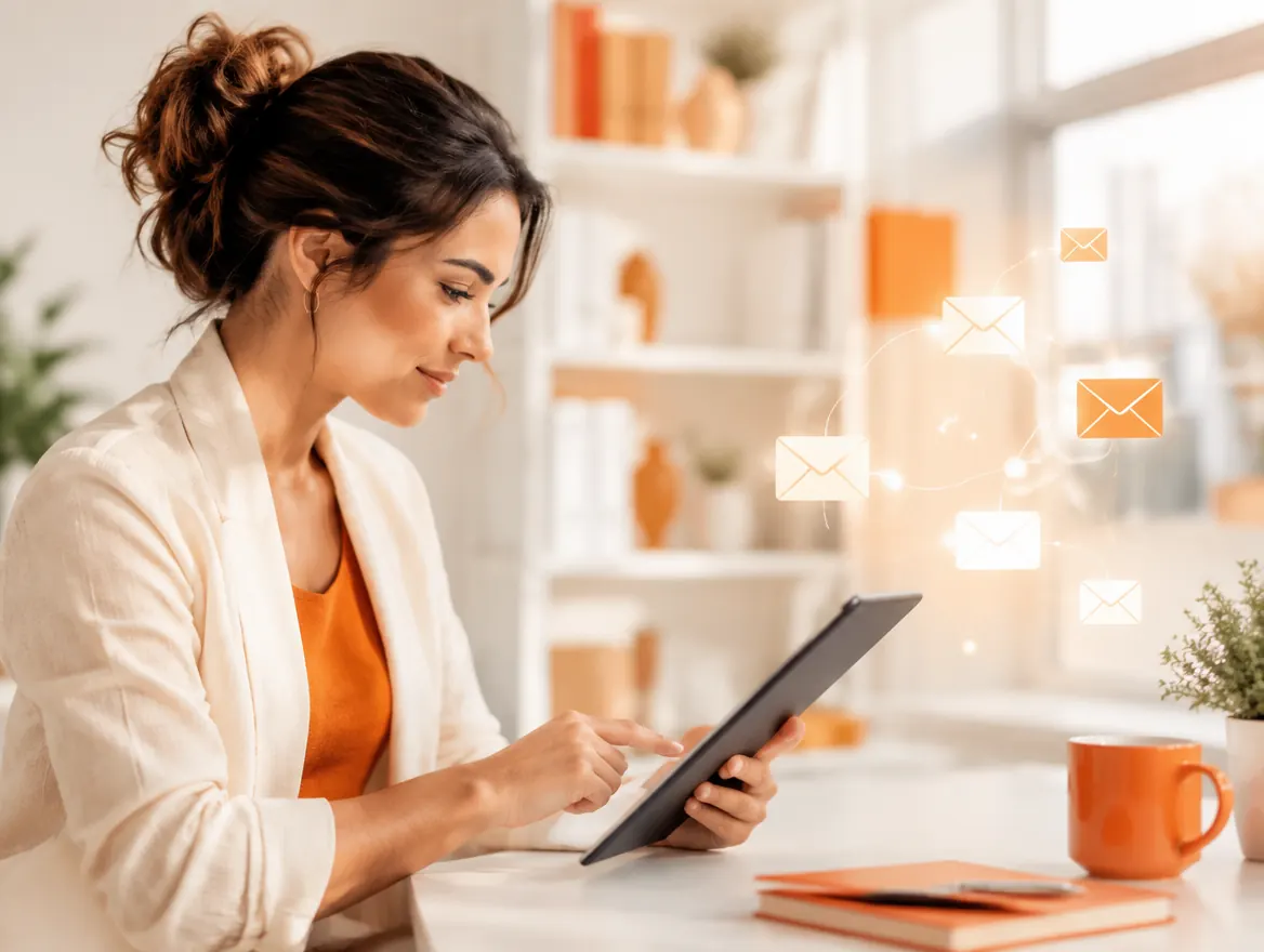 A business owner reviewing email automation on a tablet