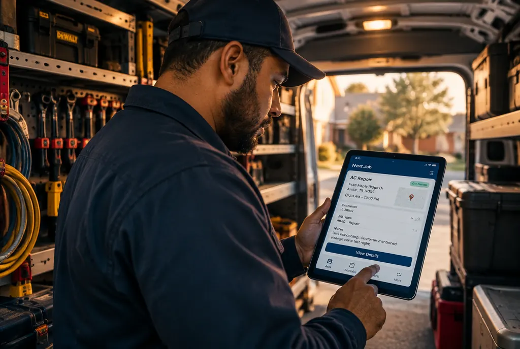 An HVAC contractor checking his next job in a dispatch app from his van