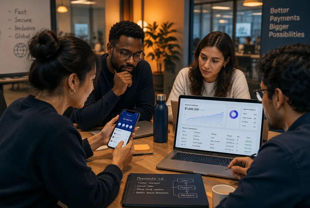 A fintech product team reviewing a payments app and dashboards