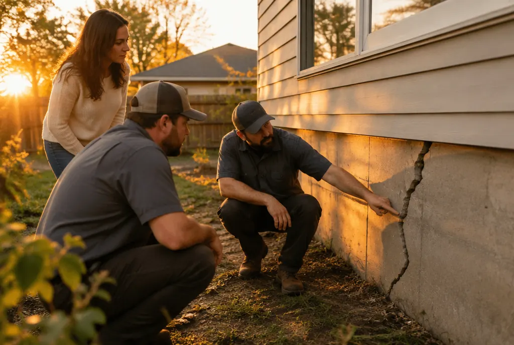 A foundation crew inspecting a crack with the homeowner
