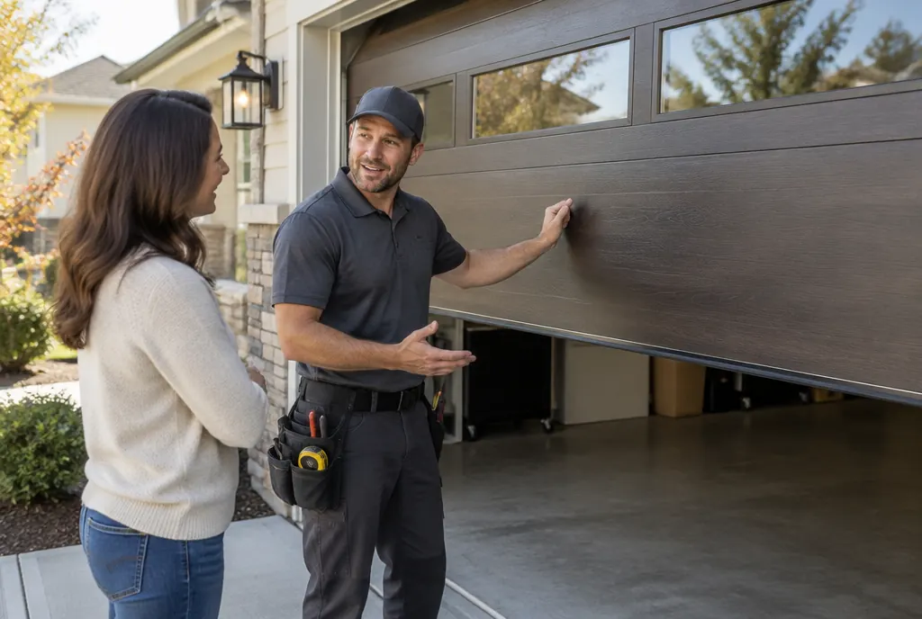 A technician installing a new garage door
