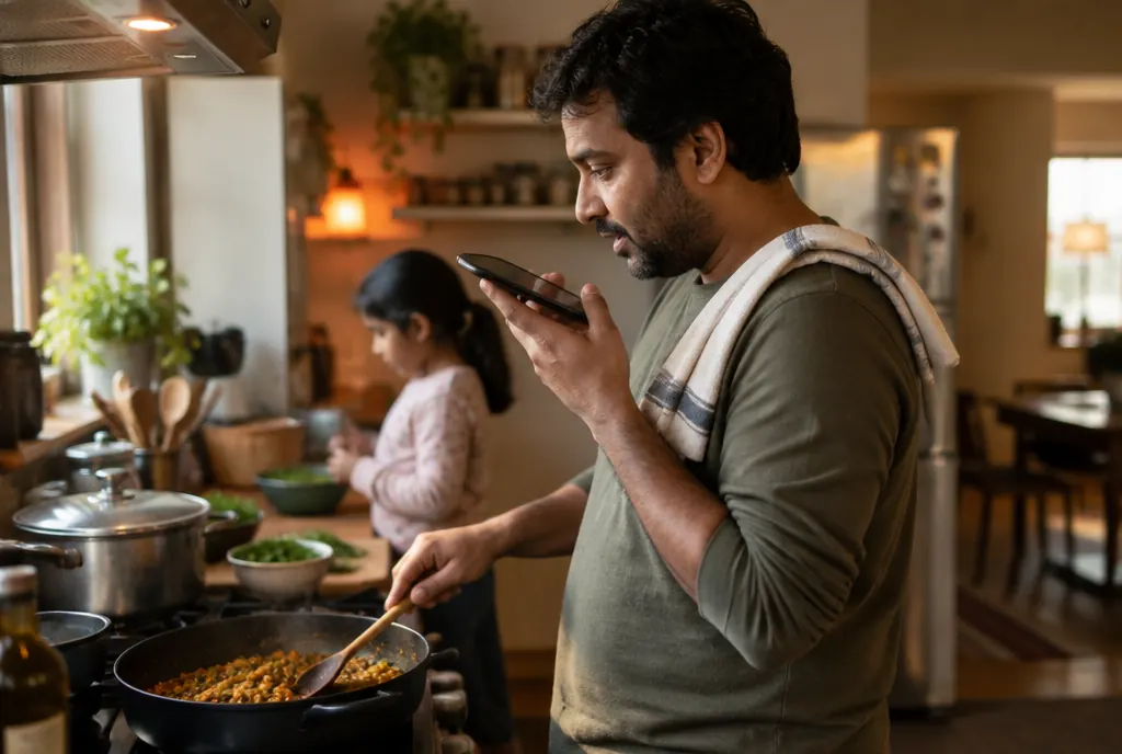 A father asking a voice assistant a question while cooking