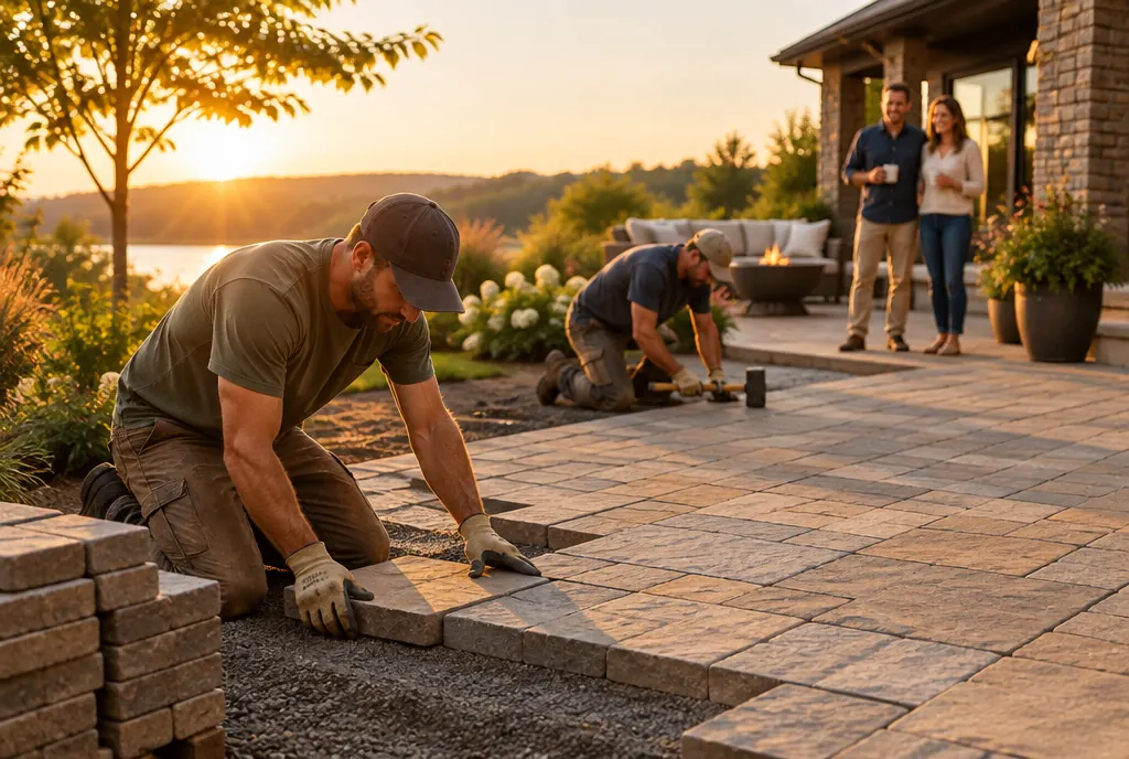 Landscapers laying a stone paver patio