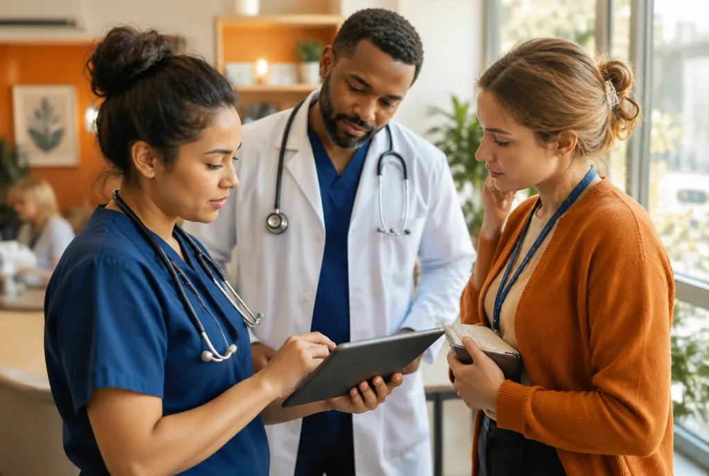 A clinic team reviewing the day's schedule