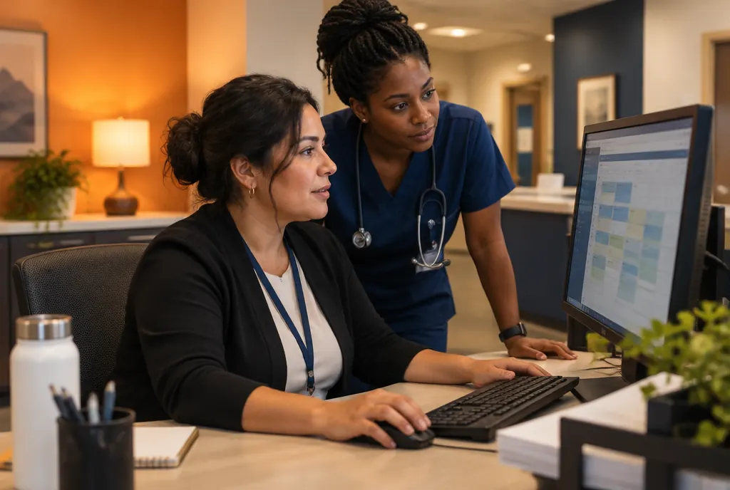A clinic practice manager testing scheduling software as a nurse looks on