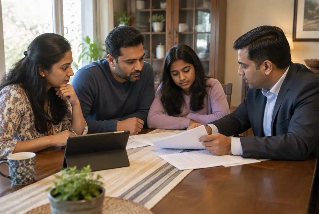 An insurance agent going through policy documents with a family