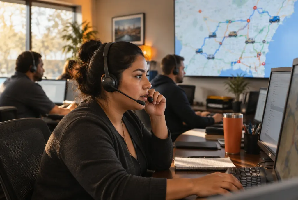 A dispatcher coordinating technicians from the office
