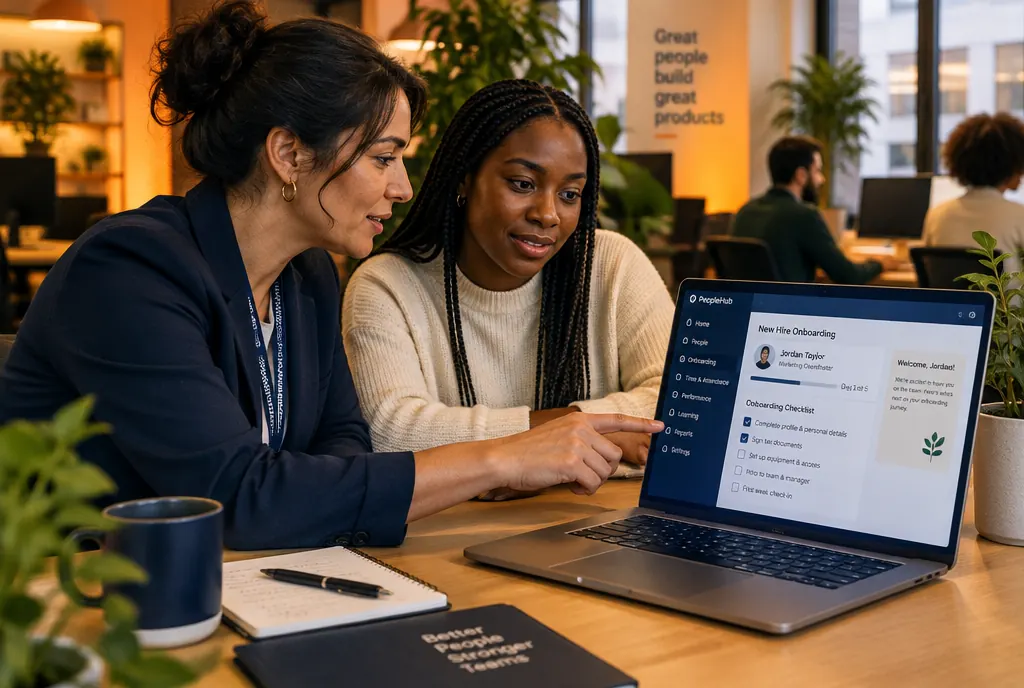 An HR manager walking a new hire through onboarding software