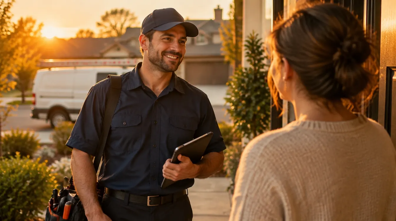 An HVAC technician greeting a homeowner at the front door