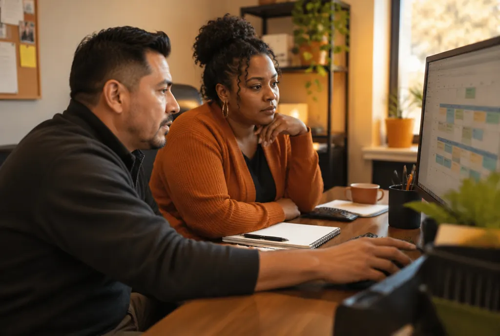 A business owner and office manager reviewing the job schedule