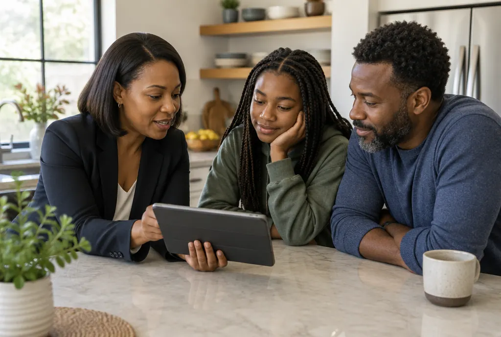 A family reviewing coverage options with their agent on a tablet