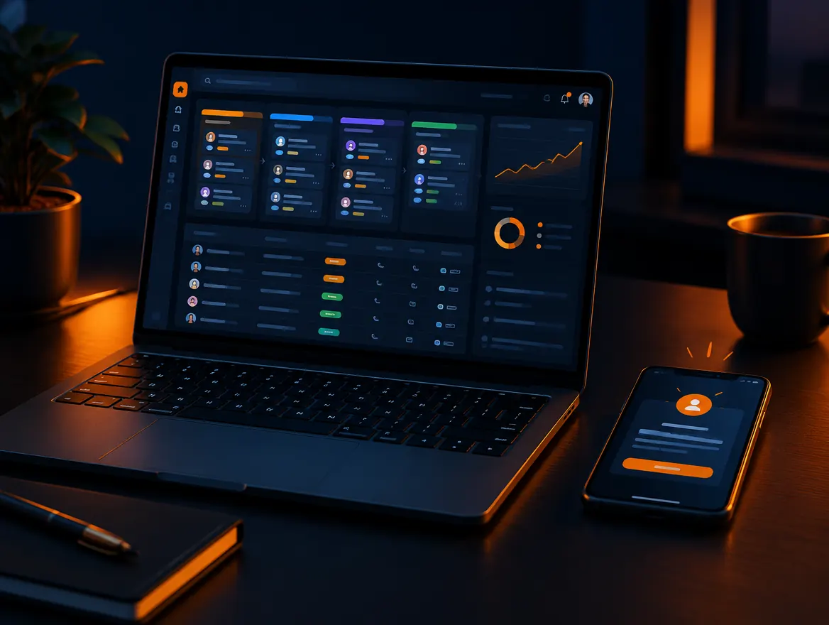 A CRM pipeline on a laptop with a new-lead notification on a phone