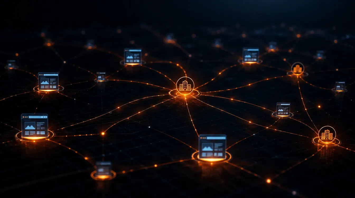 A network of connected sites routing leads to partners