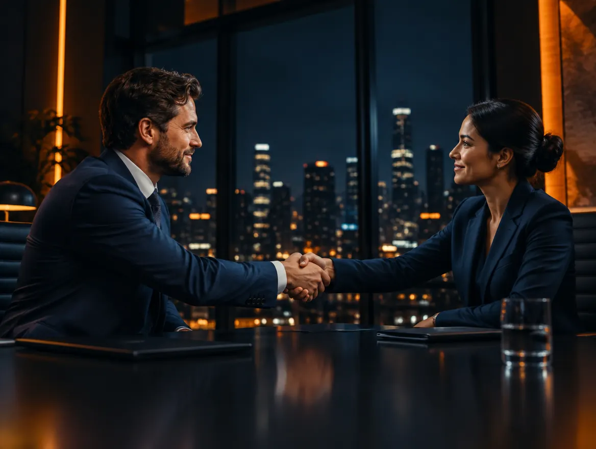 Two business partners shaking hands in a boardroom