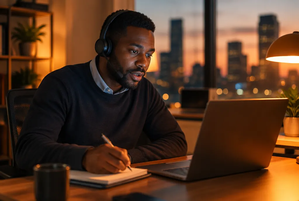A sales rep on a headset taking notes during an inbound call