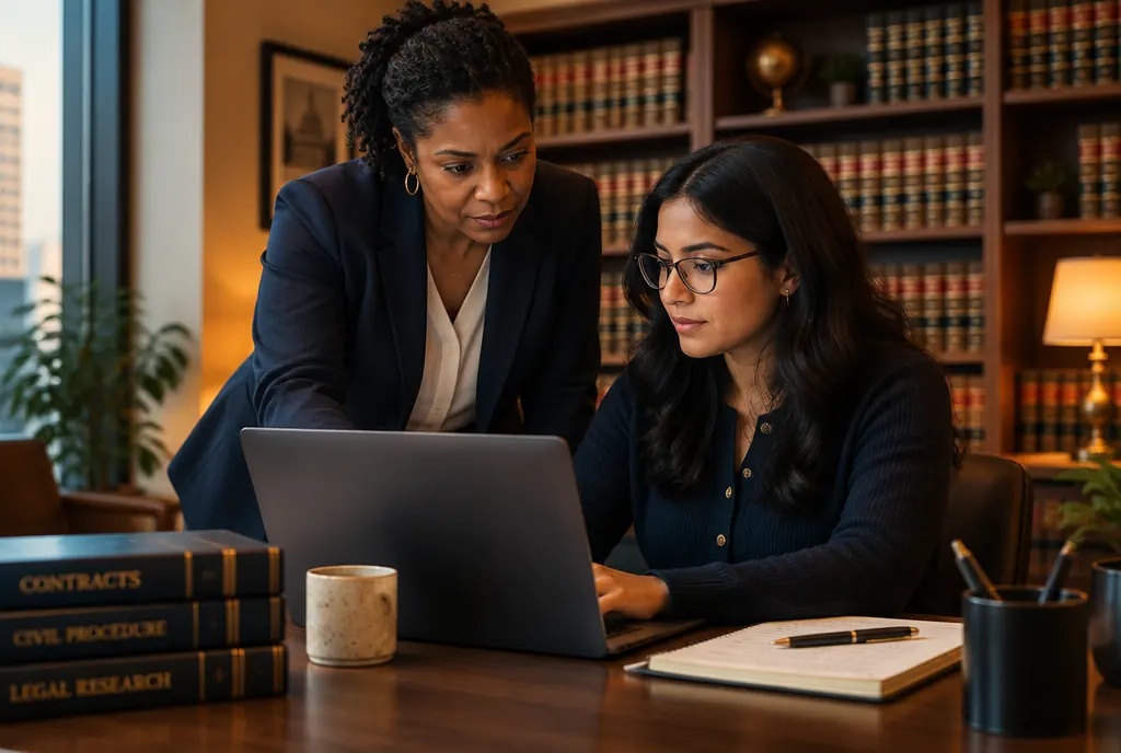 A law firm operations manager and a paralegal reviewing contract software