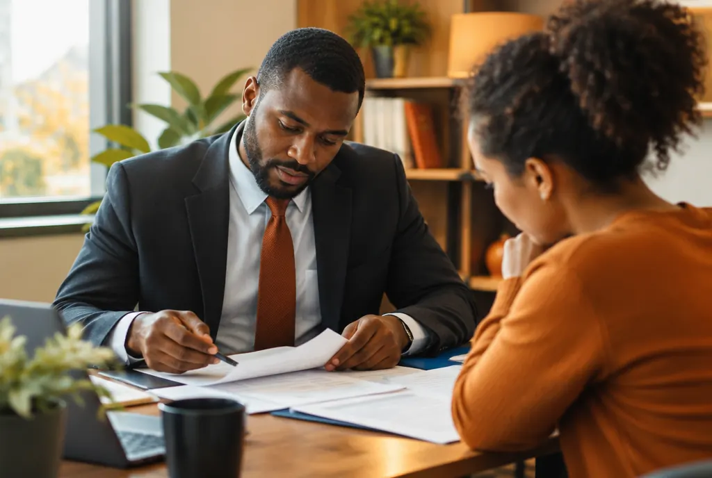 A tax specialist reviewing documents with a client