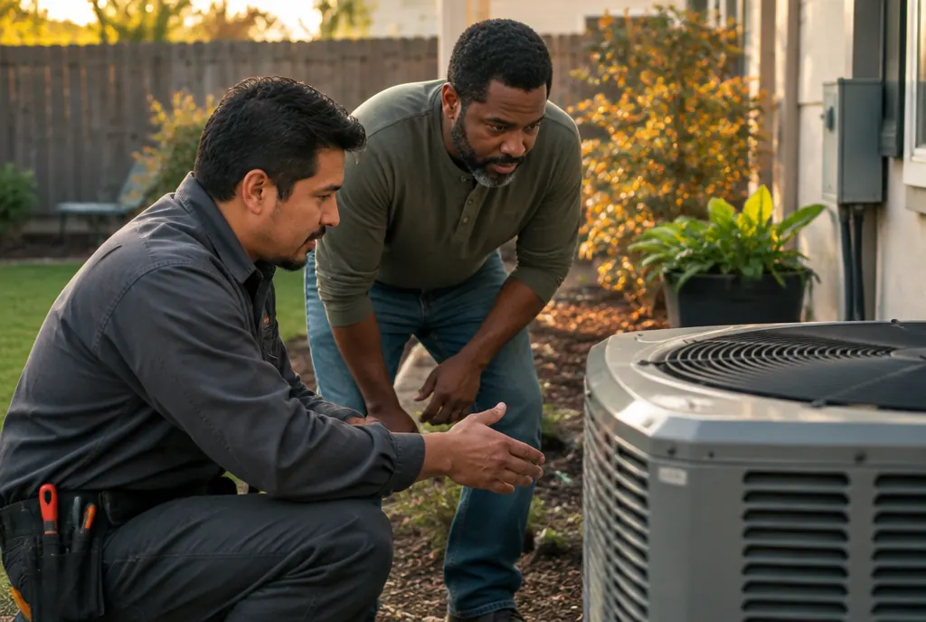 An HVAC technician explaining a new unit to a homeowner