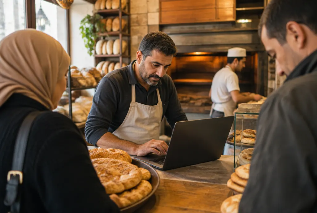 A shop owner replying to customer reviews on a laptop