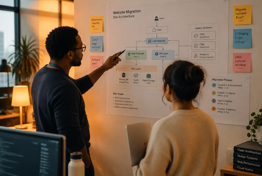 Two engineers planning a website migration on a site architecture wall