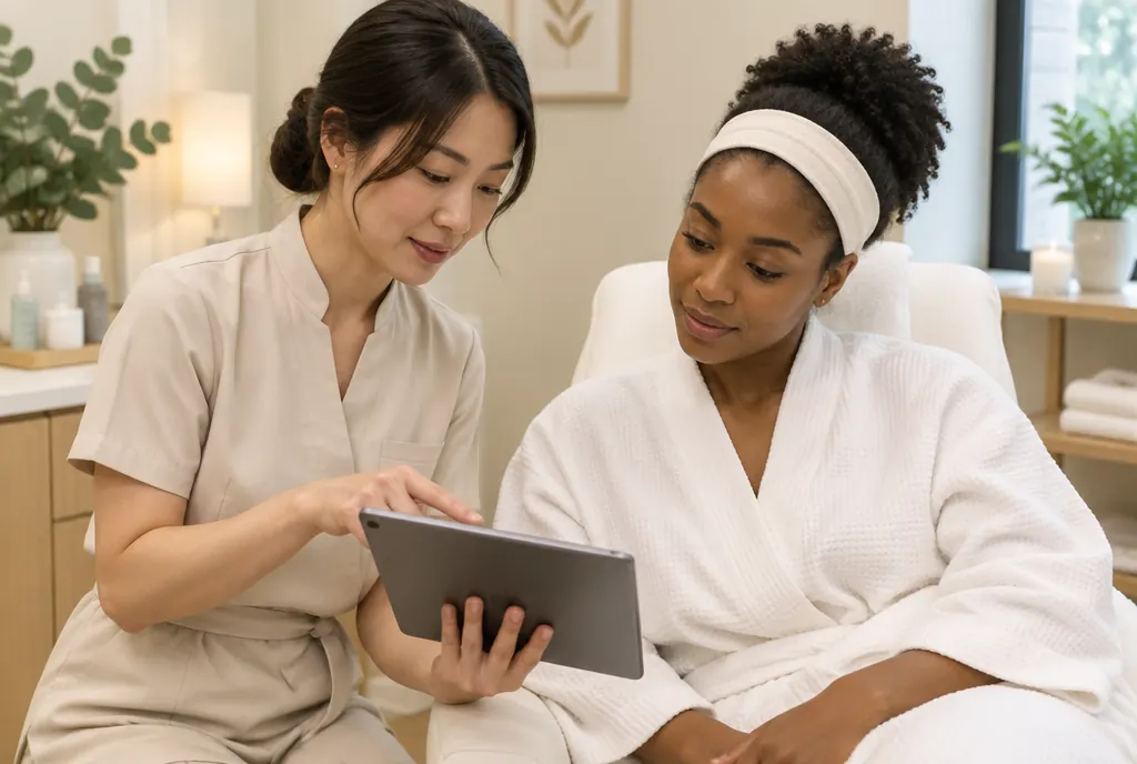 An aesthetician walking a client through a treatment plan on a tablet