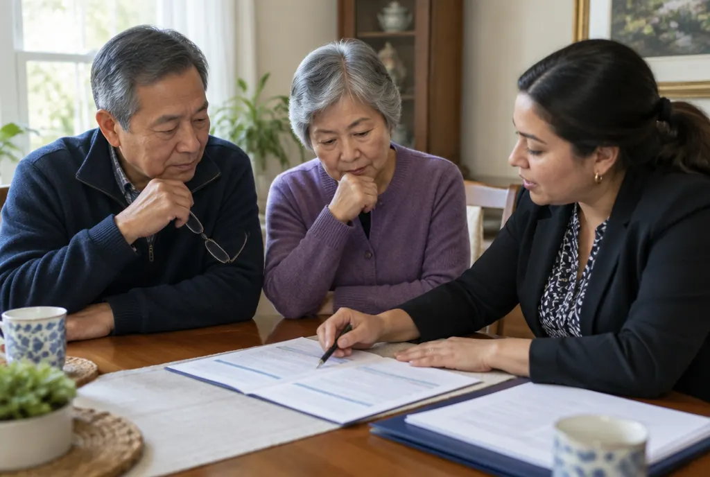 A Medicare advisor going through plan paperwork with a senior couple