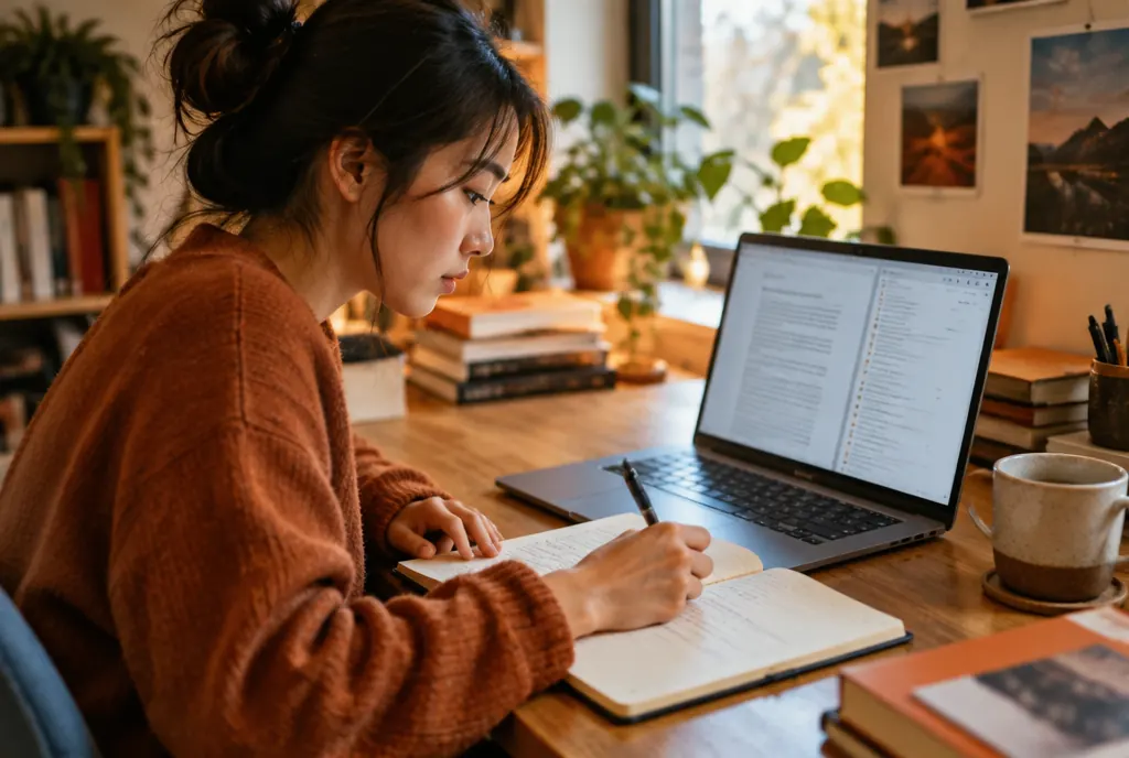 A researcher comparing sources on a laptop