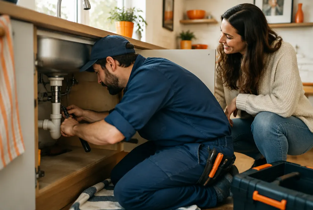 A plumber fixing pipes under a kitchen sink as the homeowner watches