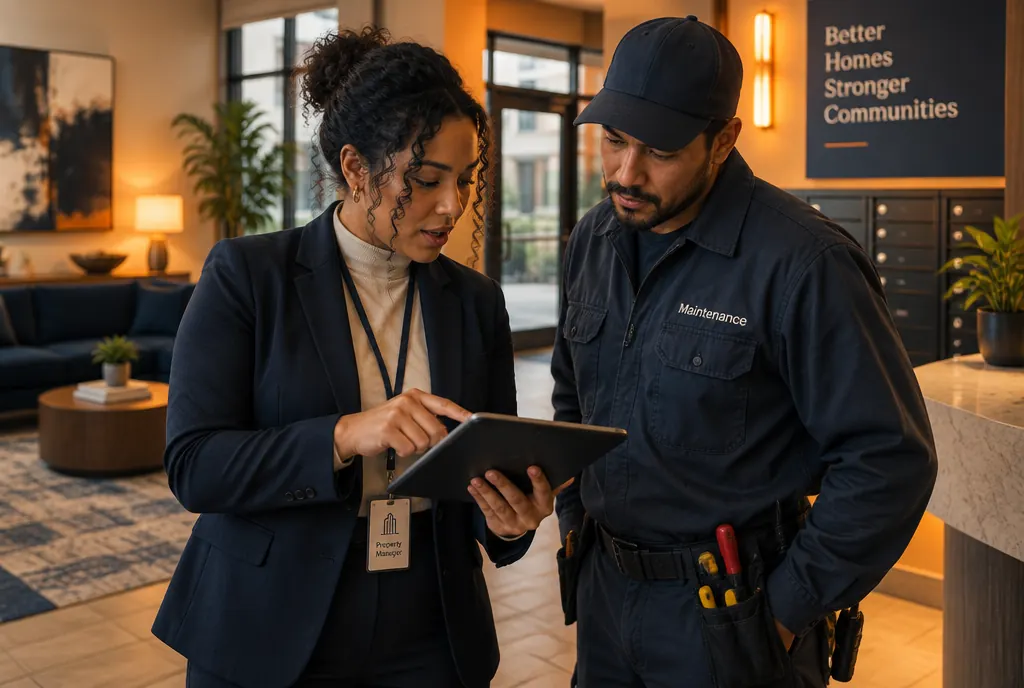 A property manager and a maintenance technician checking a property management app