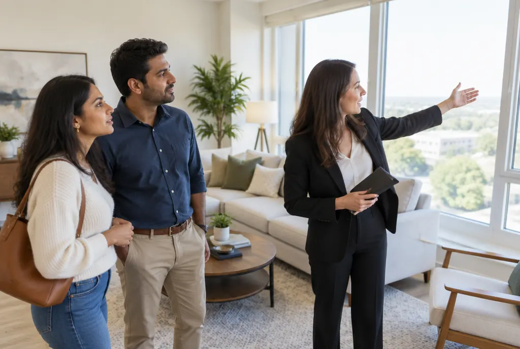 A real estate agent showing a couple around a bright apartment