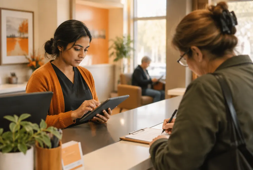 A front desk coordinator checking booked appointments