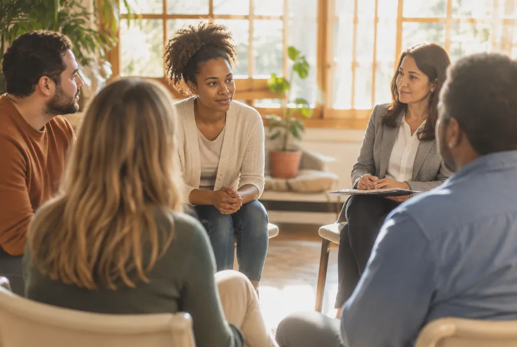 A counselor leading a small recovery group in a sunlit room