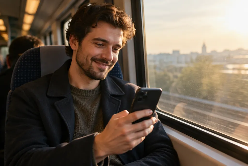 A commuter reading a discussion thread on his phone