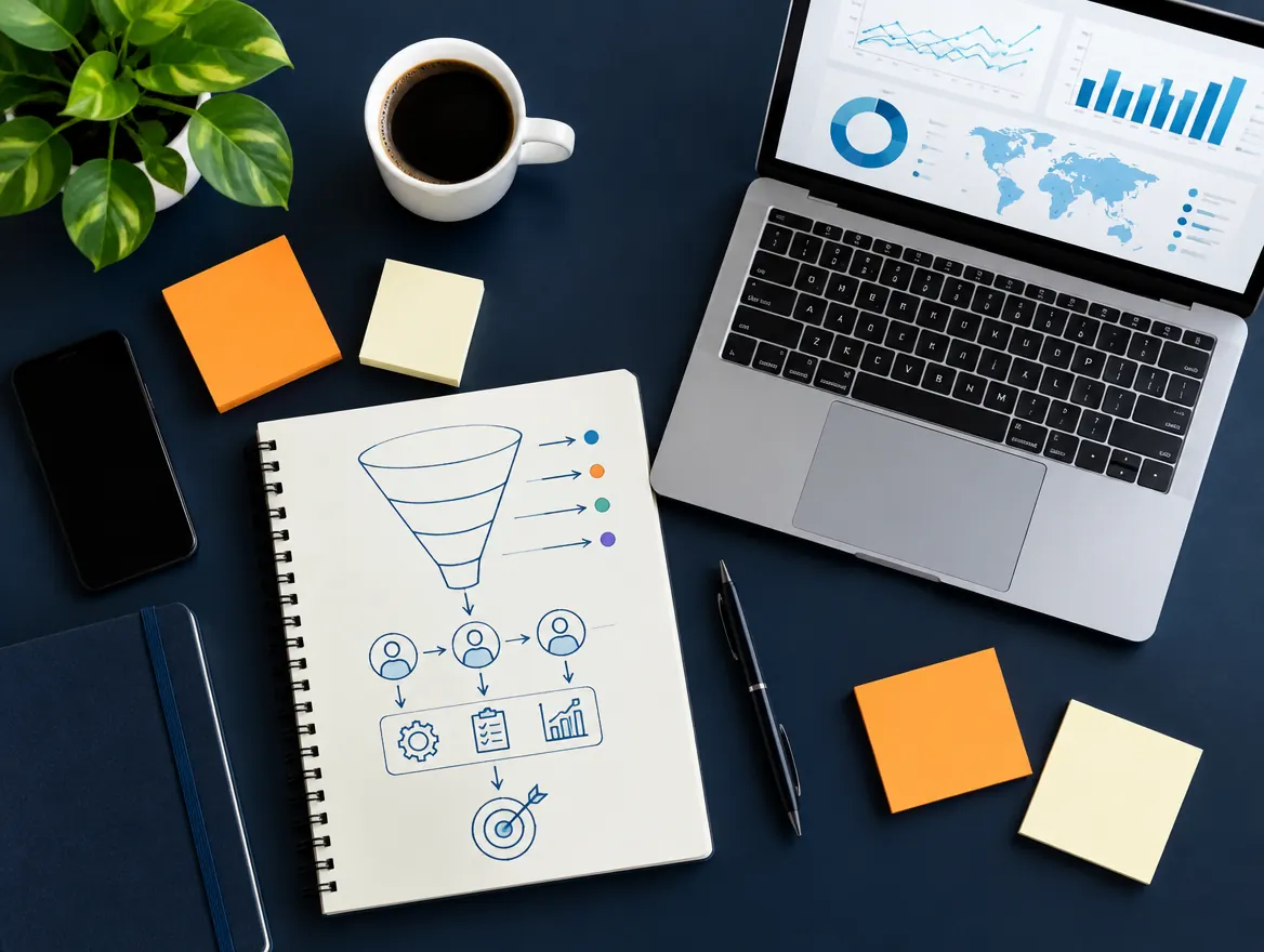 A strategy notebook, analytics laptop and sticky notes on a desk