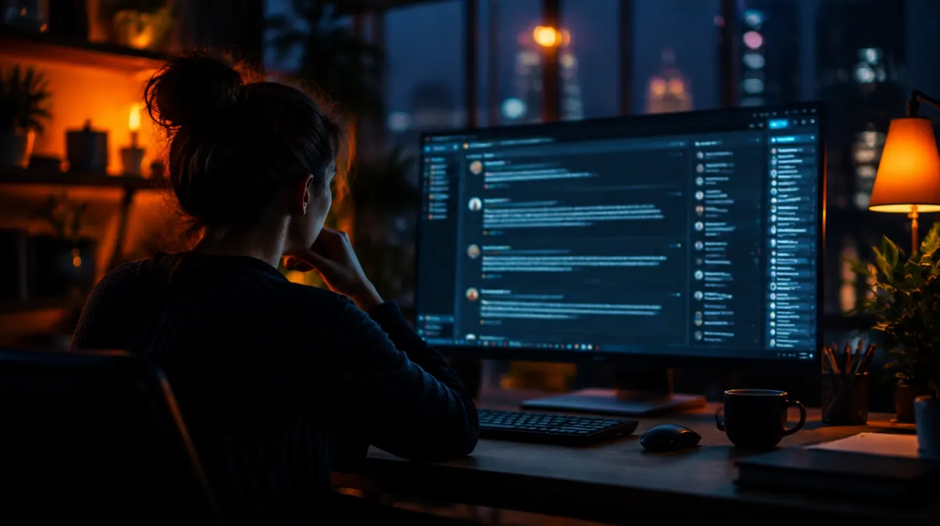 A marketer reading a community discussion thread on a large monitor