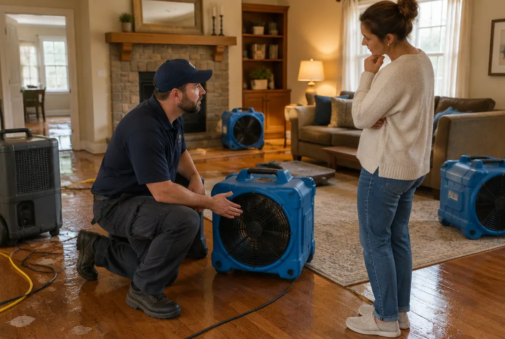 A restoration technician drying out a water-damaged living room