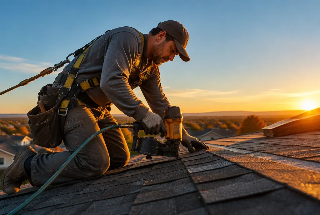 A roofer installing shingles at golden hour